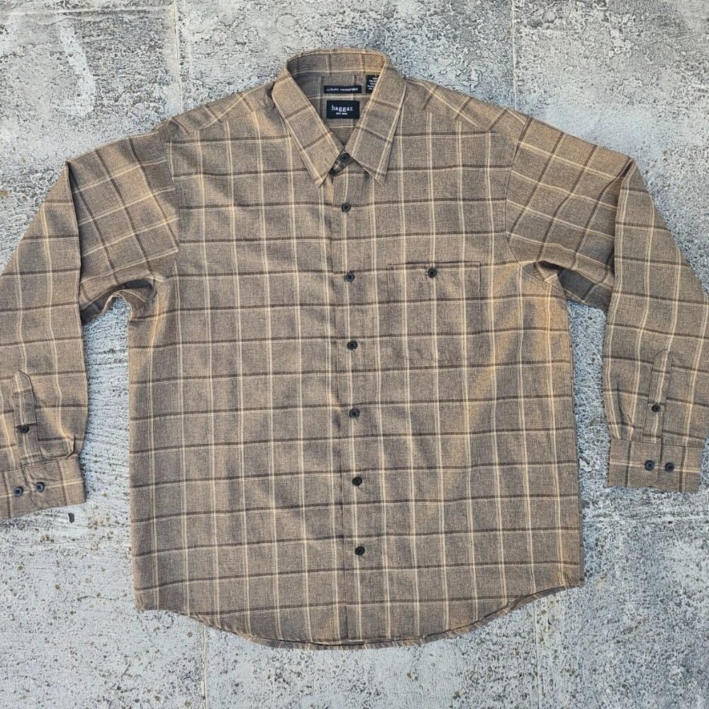 Haggar Men Shirt Long Sleeve Collared Button Up Brown Luxury Microfiber Size L